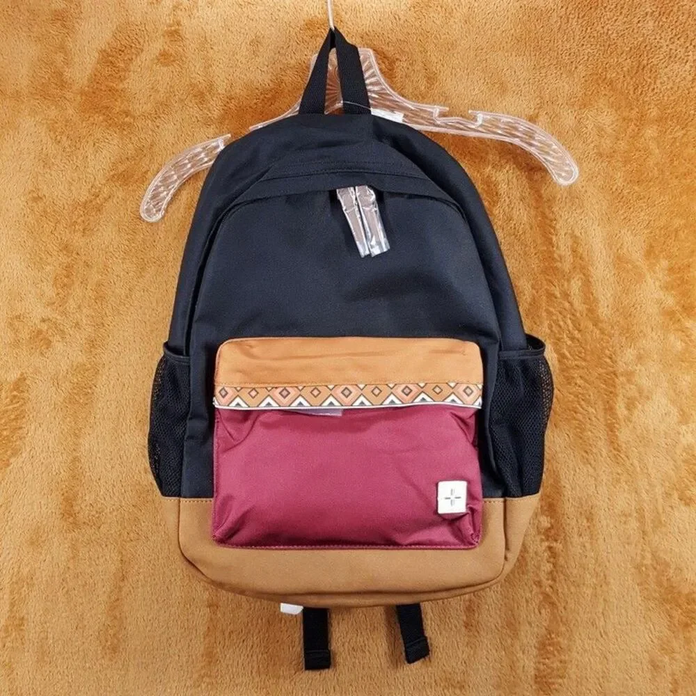 SUN + STONE Black Maroon Backpack Colorblock Canvas School Laptop Bookbag RILEY